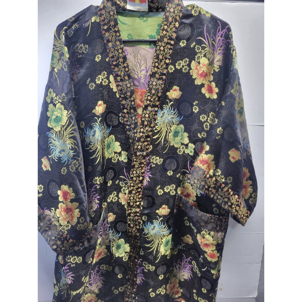 Vintage Oriental SF China Reversible Kimono Robe Black Floral Brocade Duster